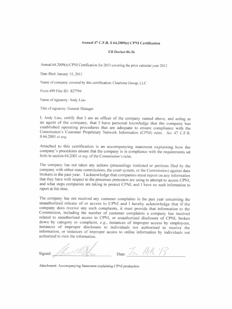 CT CPNI Certification and Statement of Compliance 20130115 Signed