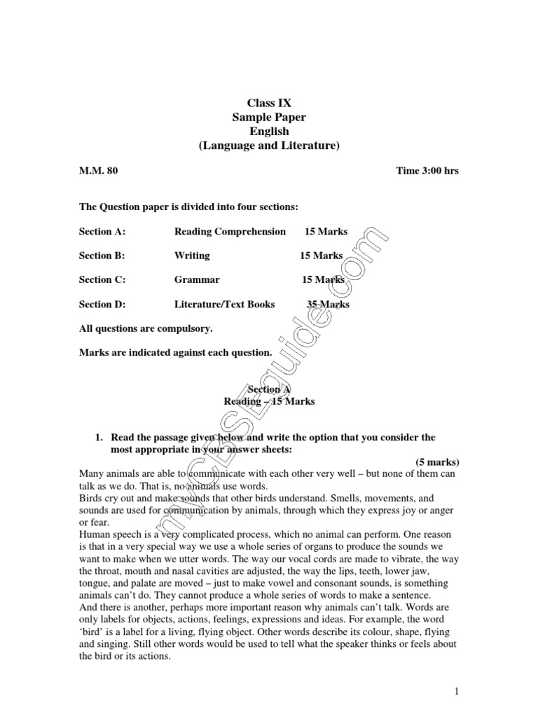 CBSE Class 9 English paper English Language Communication