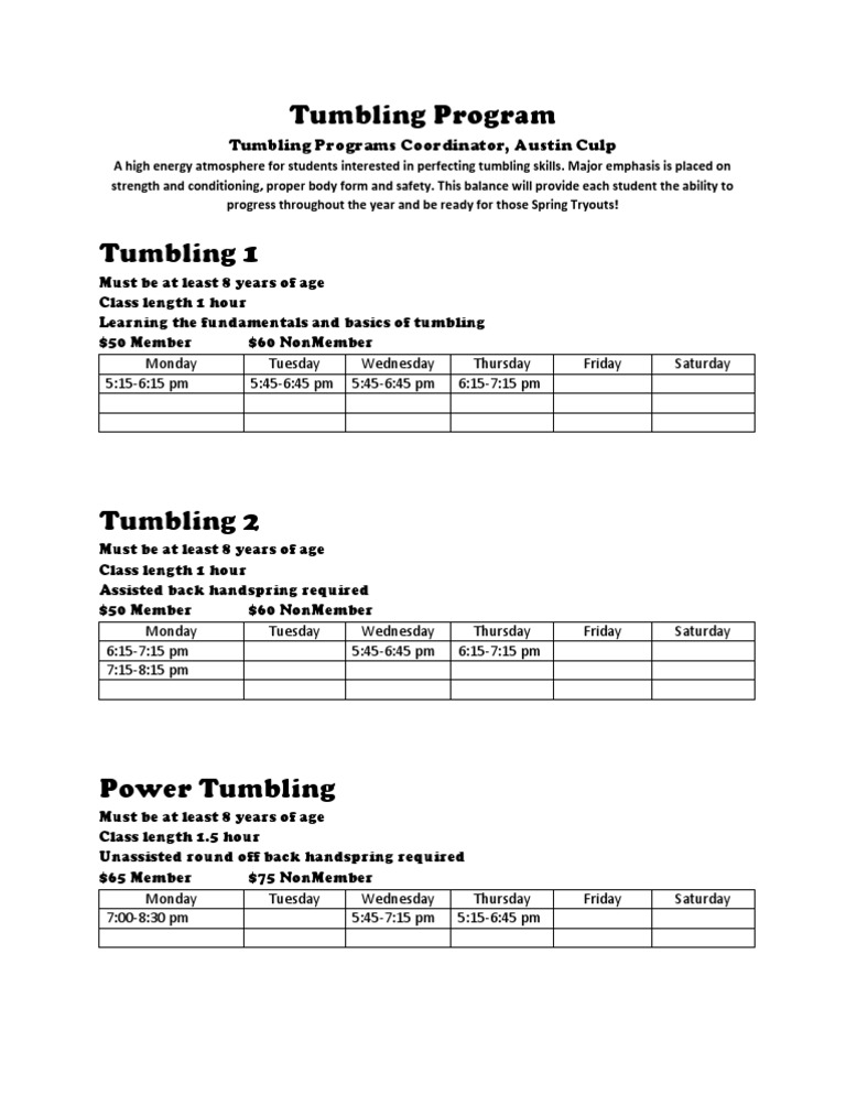 Guild Tumbling Class Schedule and Information | PDF