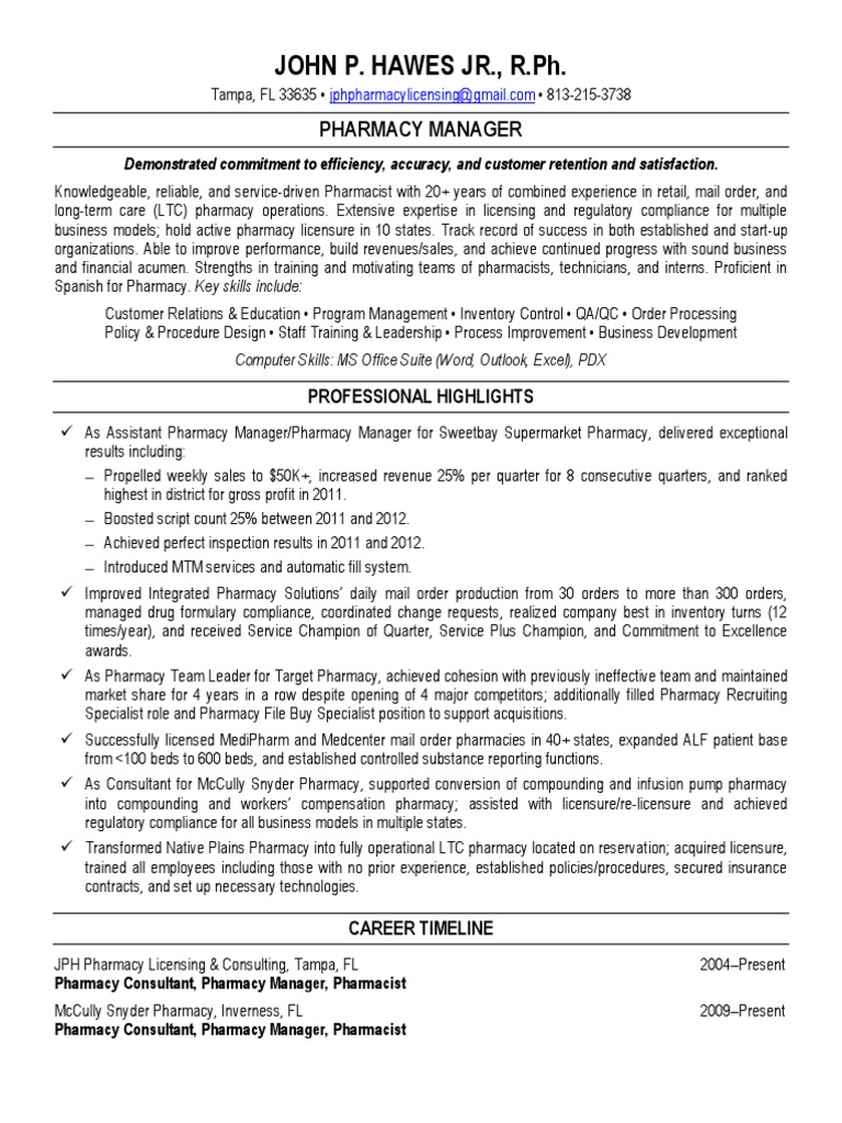 Regulatory Compliance Pharmacy Manager in Tampa FL Resume John Hawes