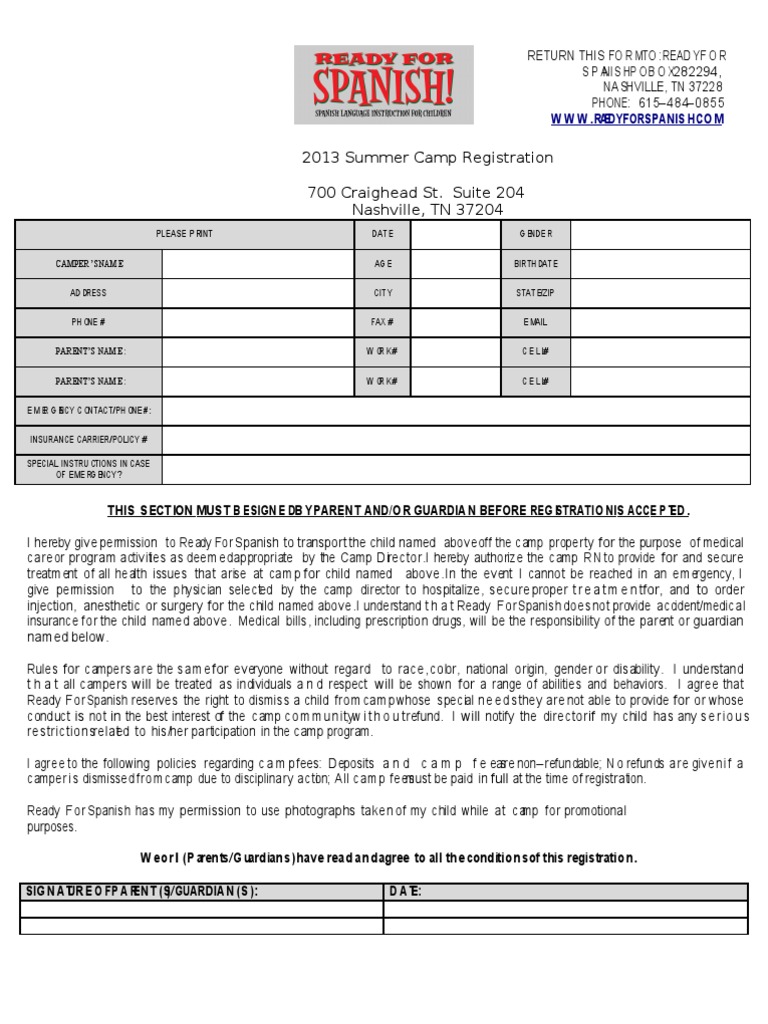 Summer Camp Registration 2013 | PDF | Insurance