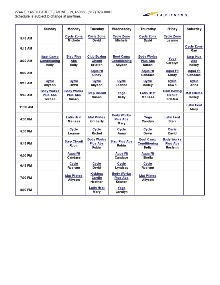 LA Fitness Class Schedule (Print Version) WESTFIELD CARMEL, In