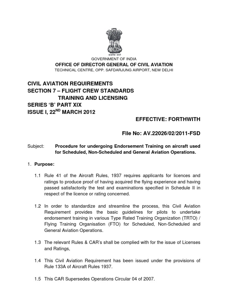 Indian DGCA Type Rating Requirements CAR PDF Flight Instructor