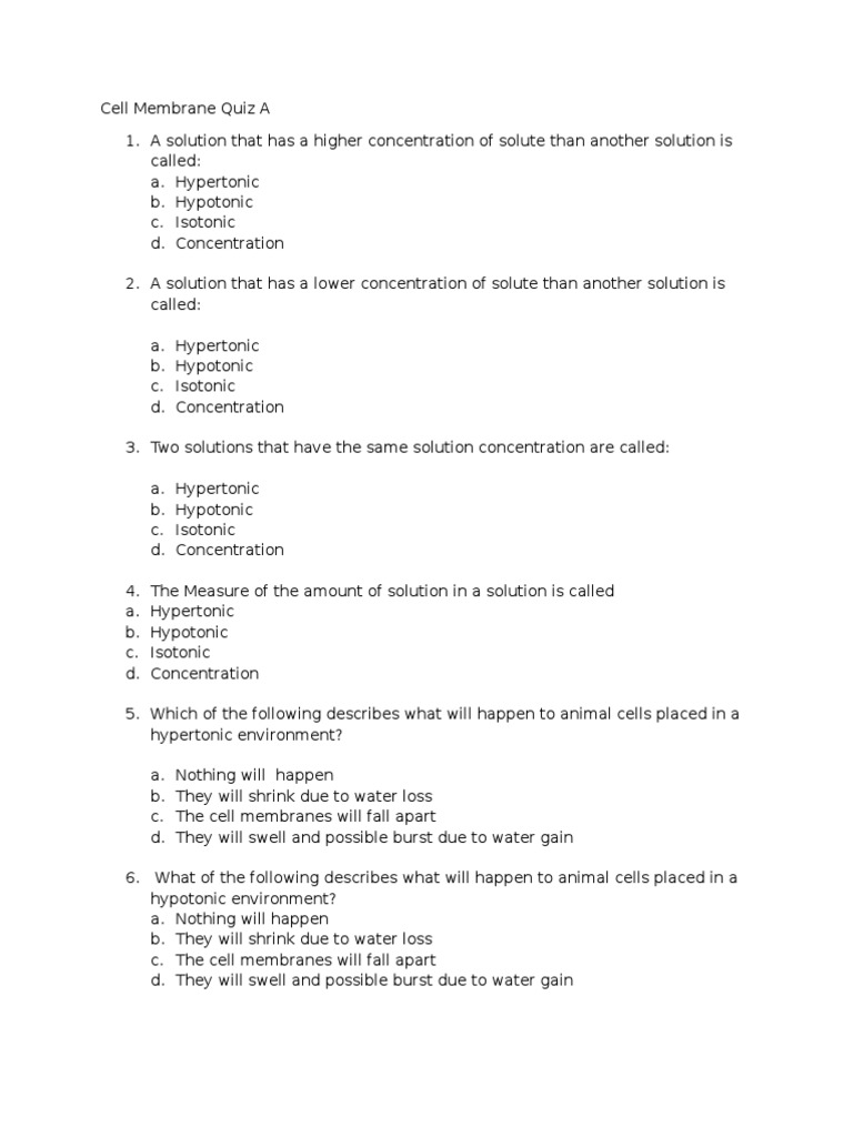 Cell Membrane Quiz Questions | PDF | Osmosis | Biochemistry