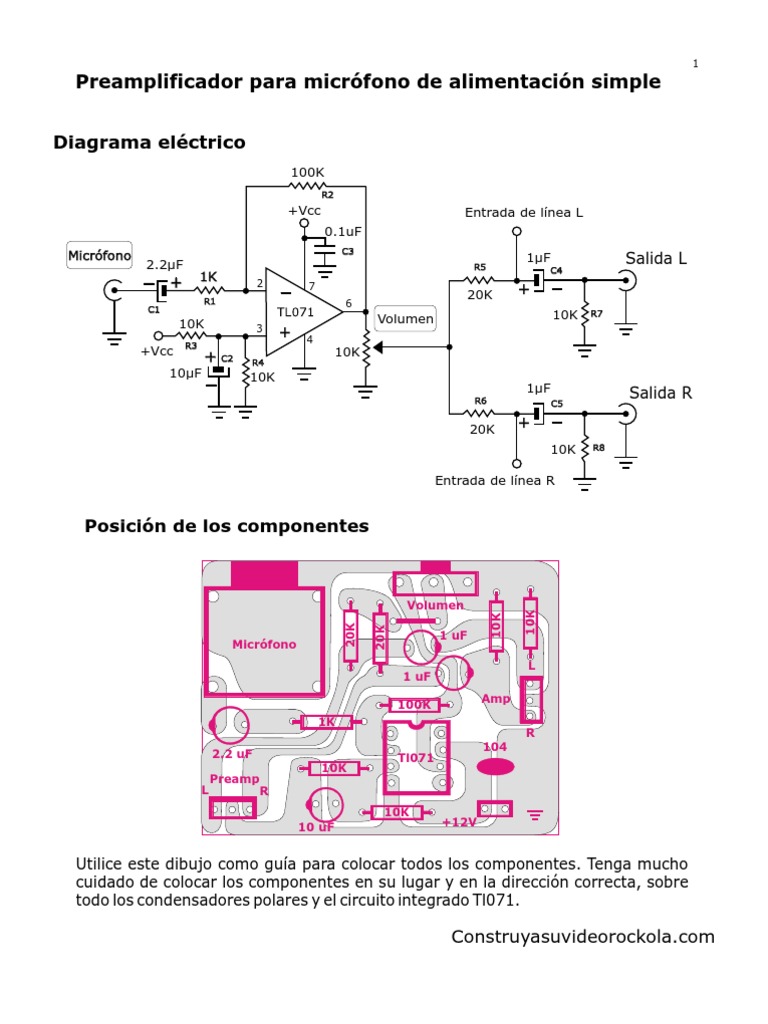 Como hacer PRE AMPLIFICADOR para MICROFONO electret diagrama en el video 