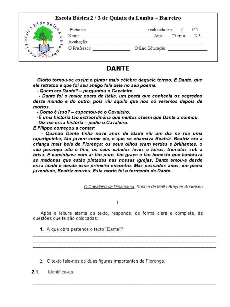 O Cavaleiro Da Dinamarca Ficha De Trabalho Com Soluções