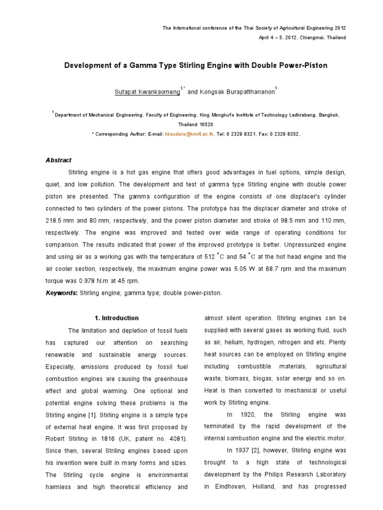 Gamma Type Stirling Engine Development | PDF | Internal Combustion ...
