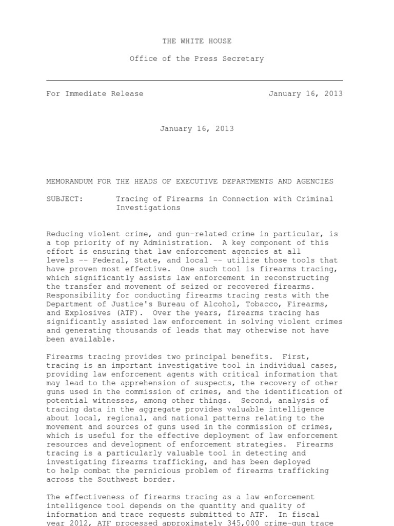 Presidential Memorandum - Tracing of Firearms in Connection With ...