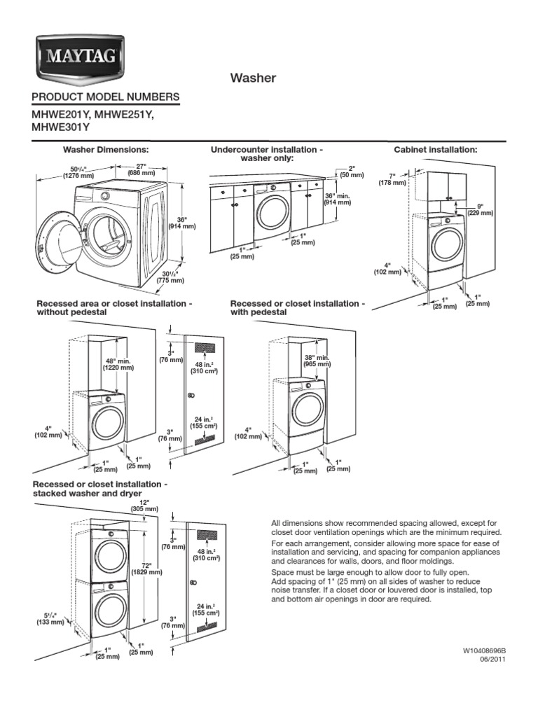 Maytag MHWE301YW Dimensions Guide PDF Washing Machine Door