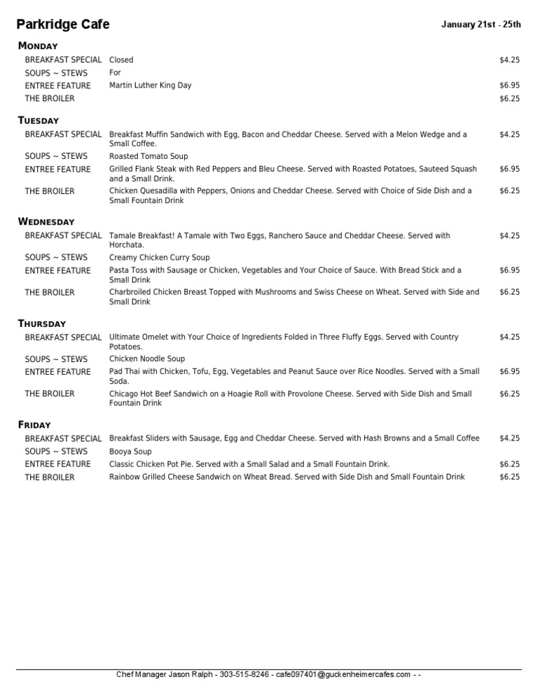 Parkridge Cafe Weekly Menu Highlights | PDF | Sports & Recreation ...