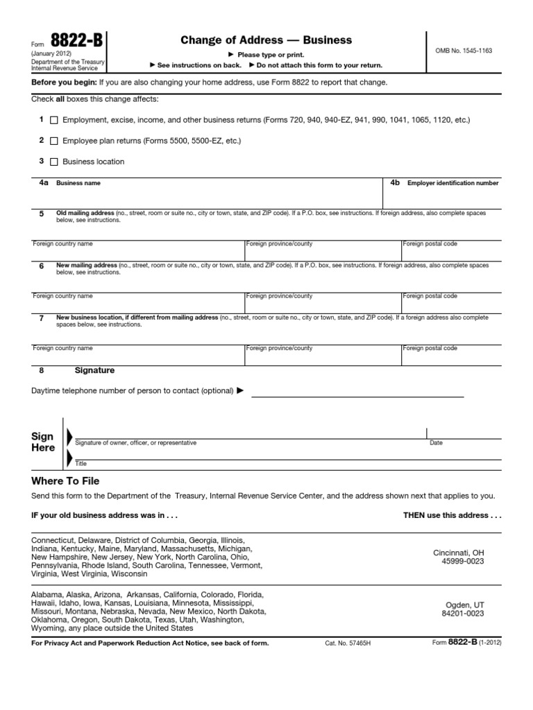 IRS Publication Form 8822b Internal Revenue Service Address (Geography)