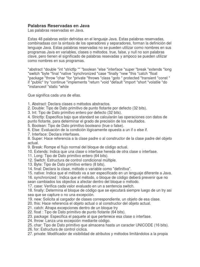 Palabras Reservadas en Java y su Significado | PDF | Java (lenguaje de ...