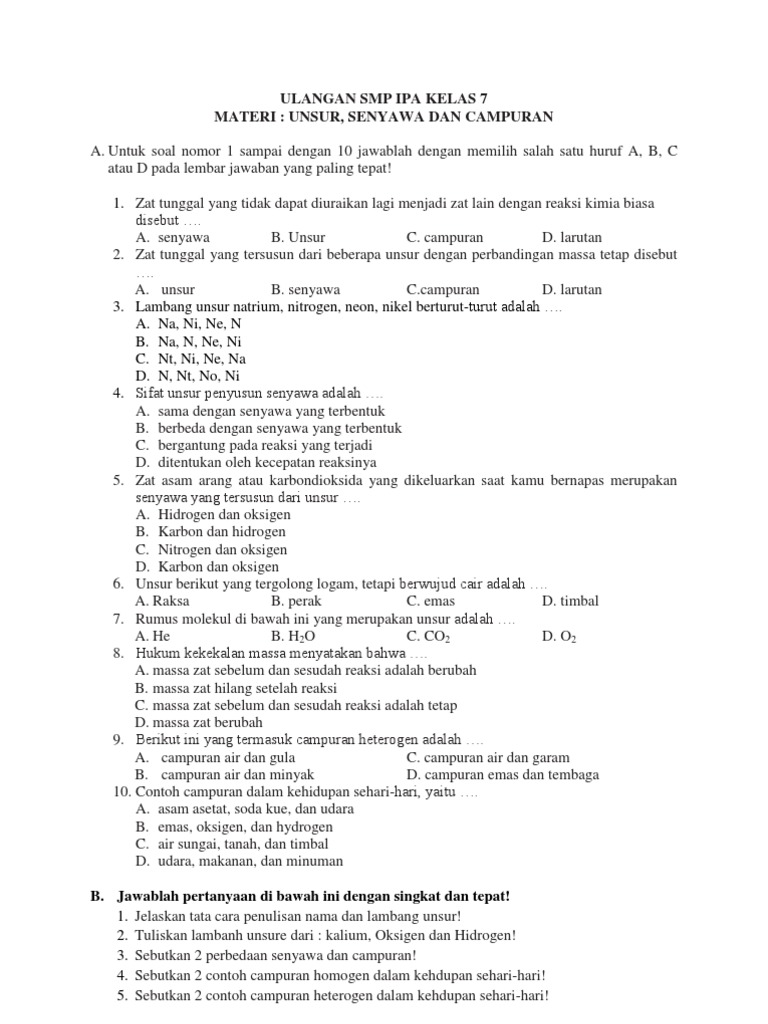 Soal-Soal IPA Kelas 7 Ulangan Materi Unsur Senyawa Dan Campuran