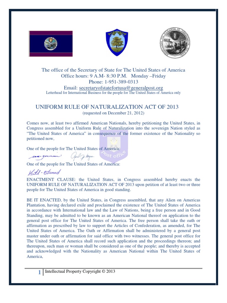 Uniform Rule of Naturalization Act of 2013 PDF Naturalization