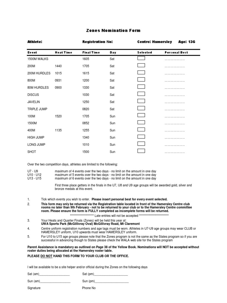 Zones Nomination Form: Athlete: Registration No: Centre: Hamersley Age ...