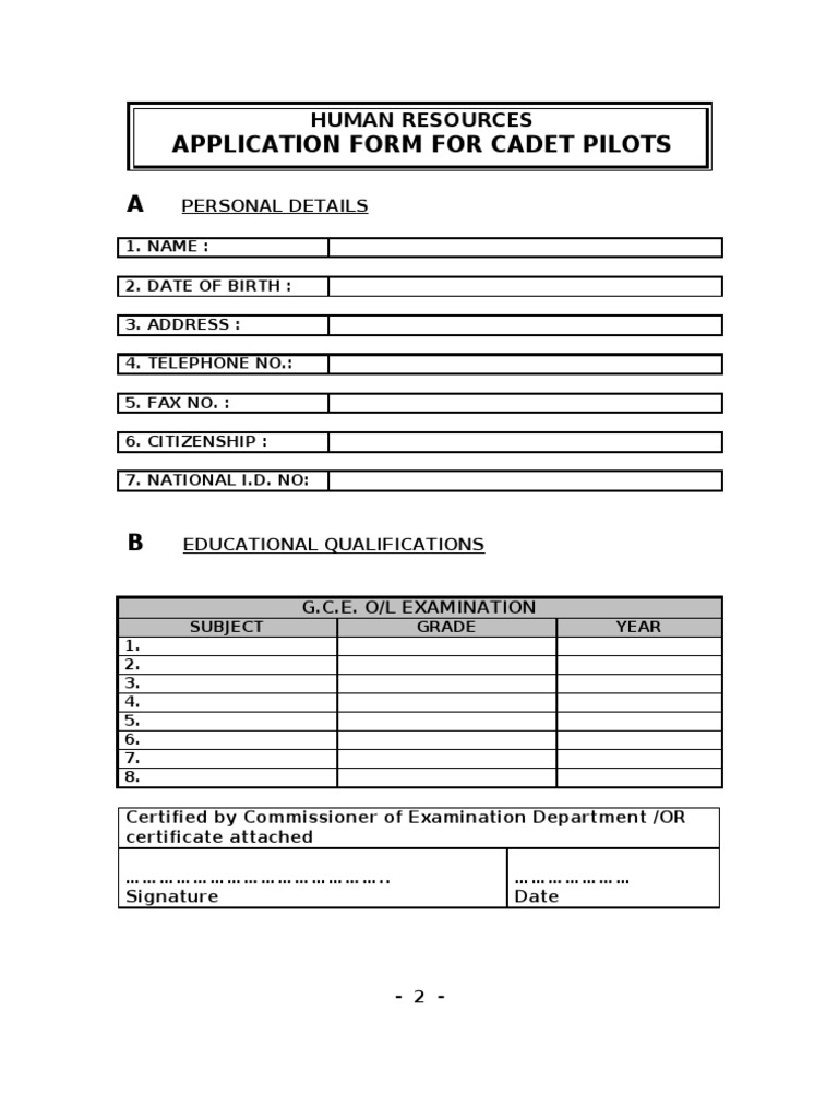 Application Form For Cadet Pilots A: Human Resources | PDF
