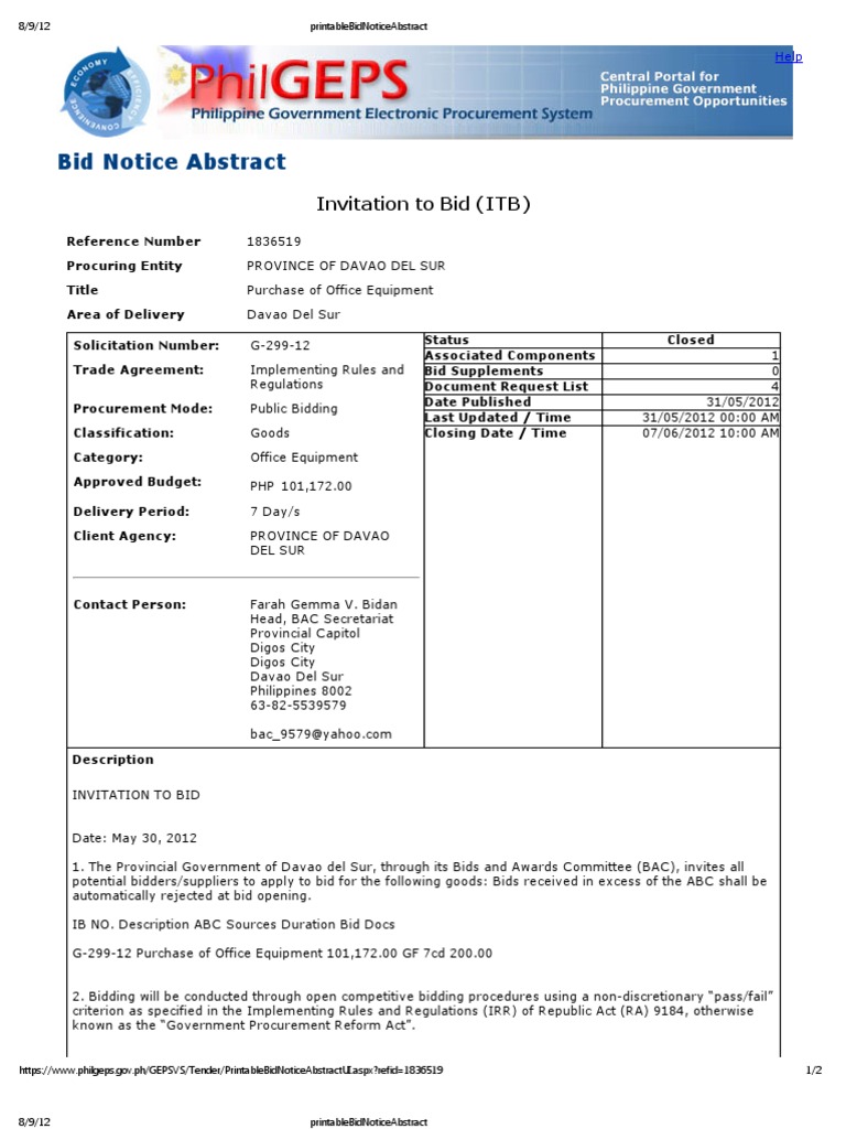 Print Able Bid Notice Abstract Pdf Government Information Government