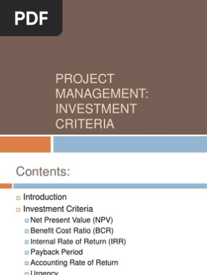 Investment criteria in project management