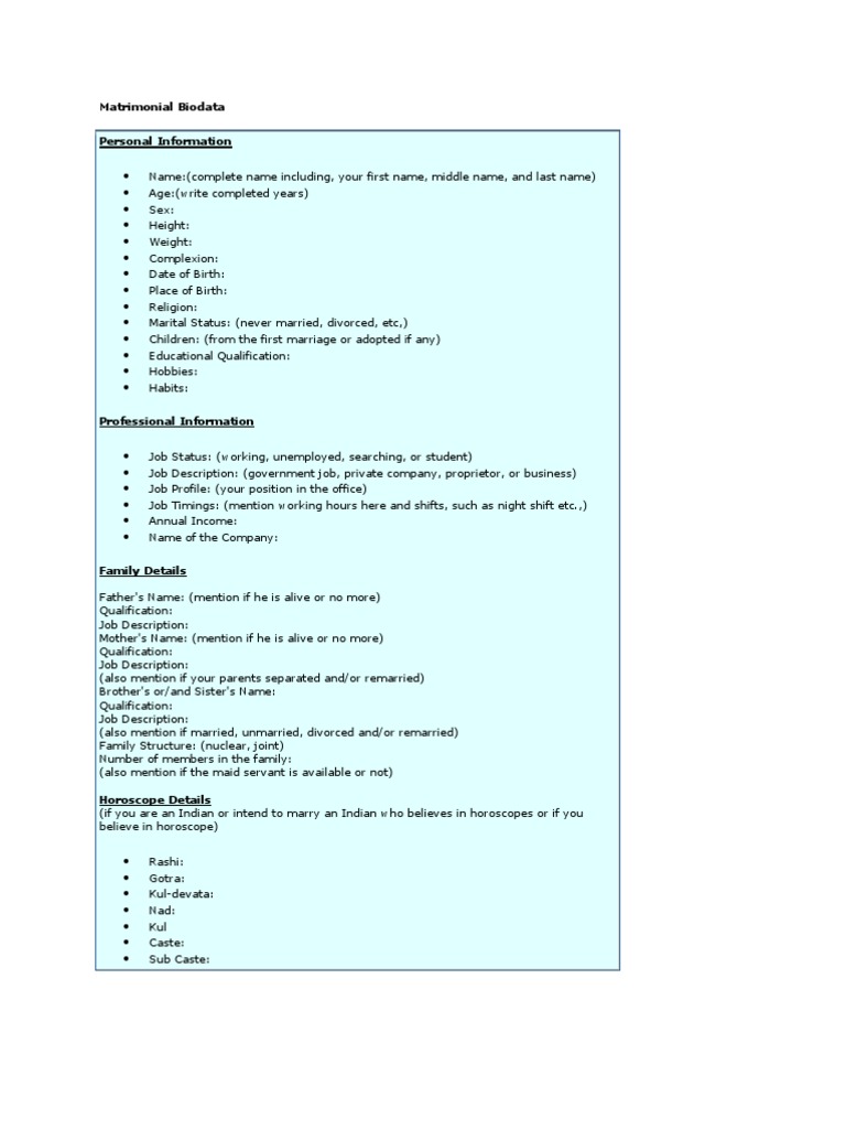 Matrimonial Biodata