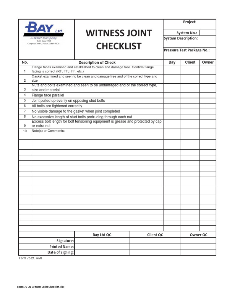 Witness Joint Checklist PDF Screw Mechanical Engineering