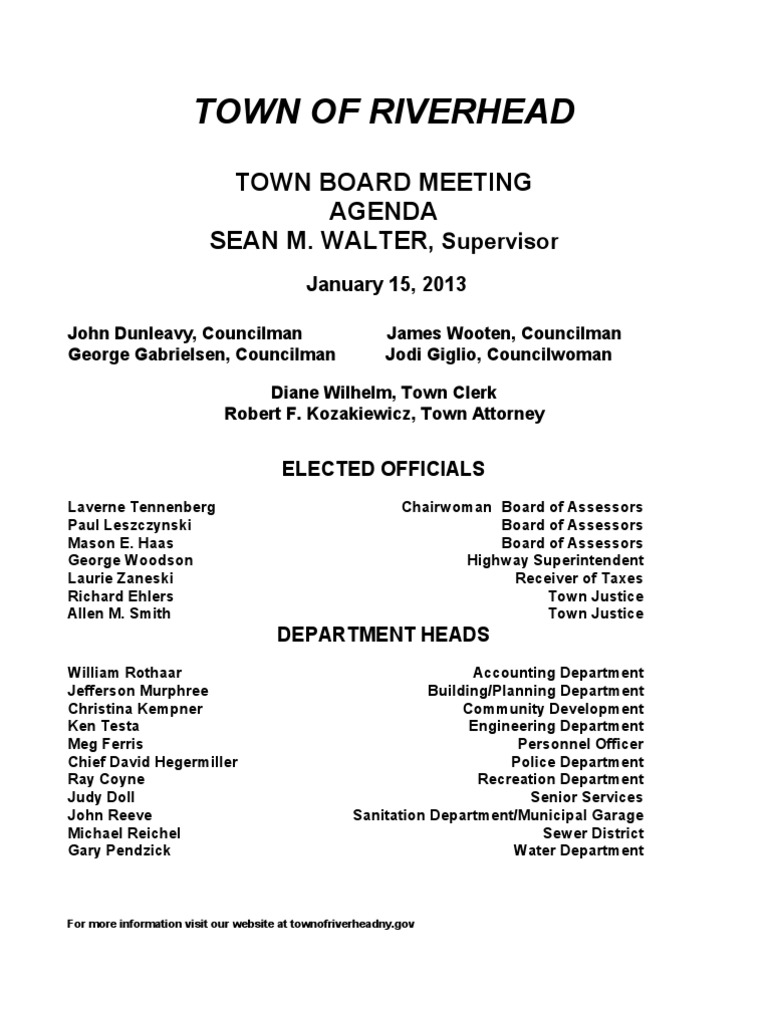 Riverhead Town Board Jan. 15 Meeting Agenda and Resolutions PDF Fee