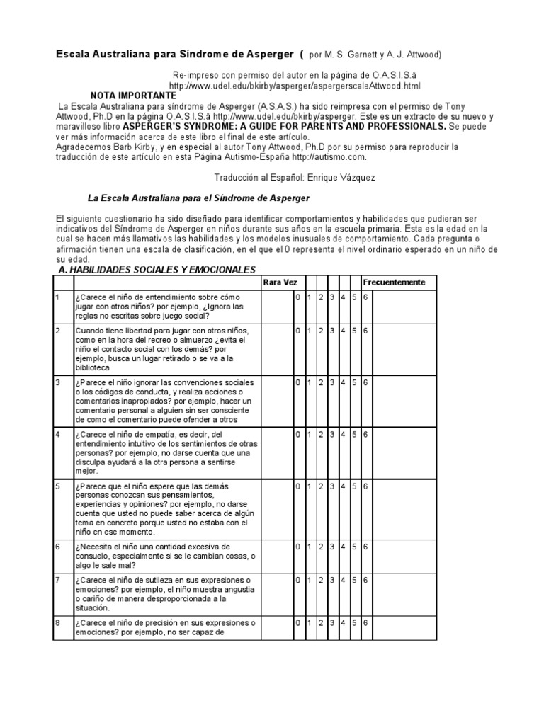 Escala Australiana para Síndrome de Asperger | PDF | Síndrome de ...