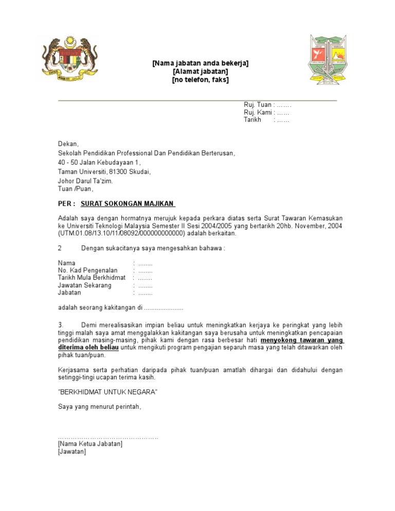 Contoh Surat Sokongan Permohonan Kerja Dari Yb