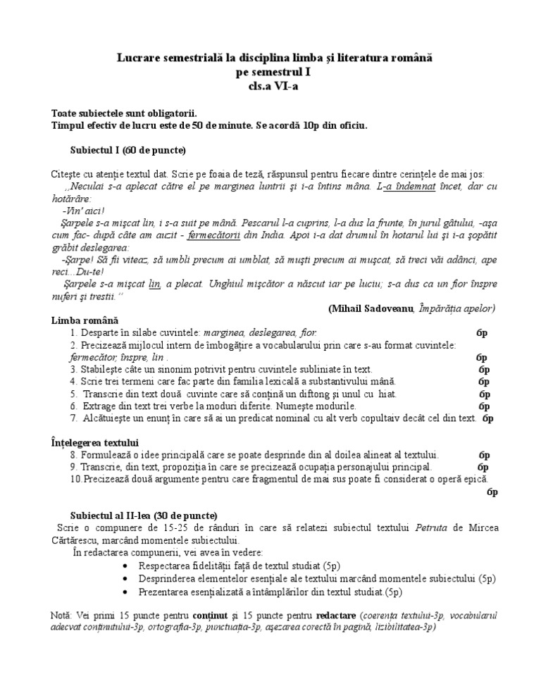Subiecte Teza Romana Clasa 8 Sem 1