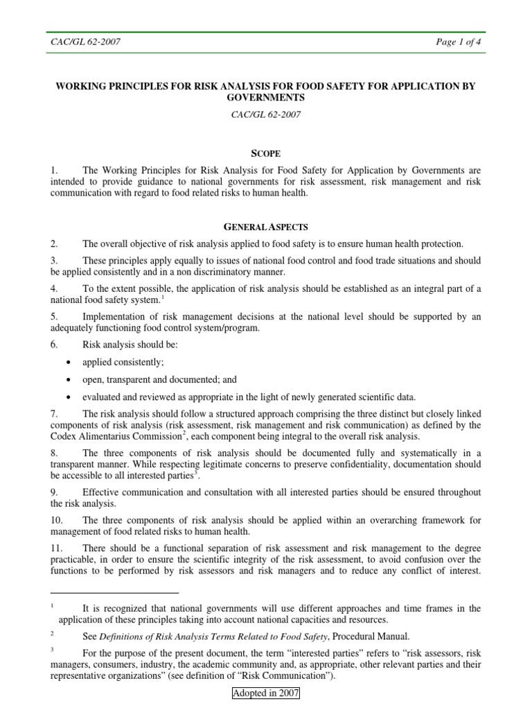 Risk Analysis Principles for Food Safety | PDF | Risk Assessment | Risk ...