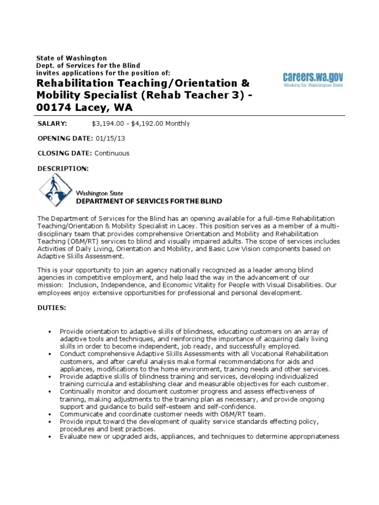 Rehabilitation Teaching/Orientation & Mobility Specialist (Rehab