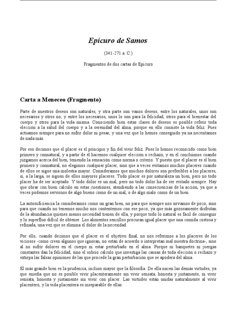 Epicuro de Samos: Carta a Meneceo (Fragmento)