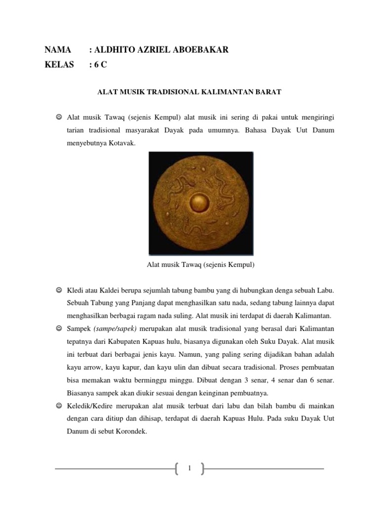 Alat Musik Tradisional Kalimantan Barat | PDF | Ilmu Sosial | Griya & Taman