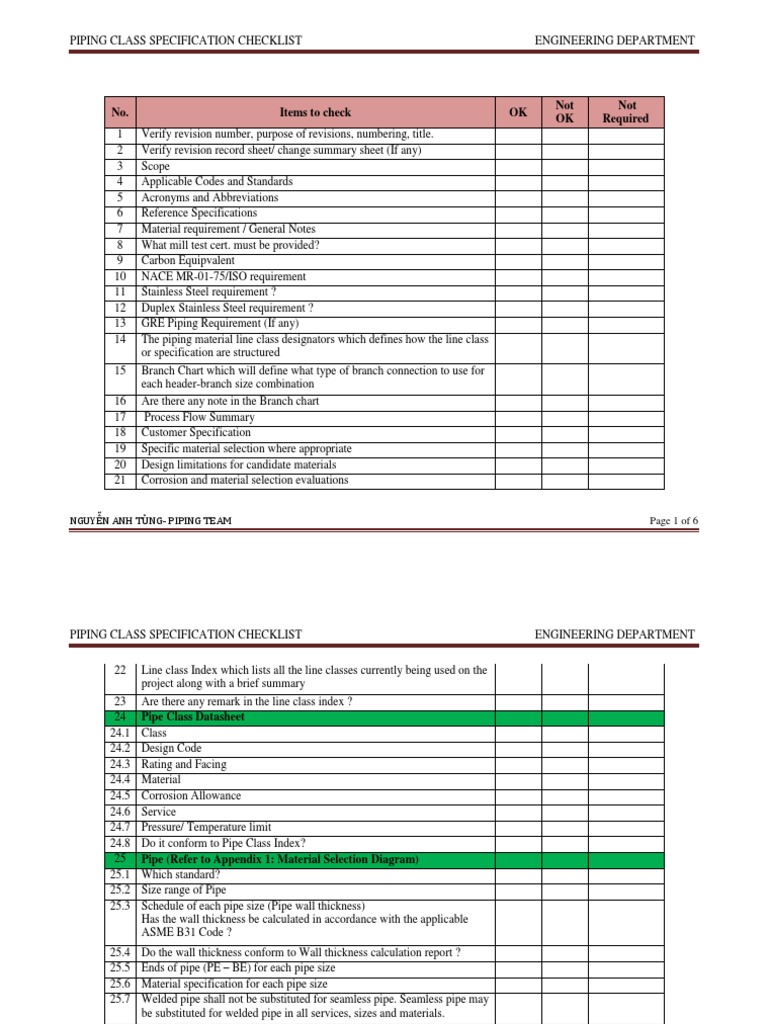 Piping Specification checklist Pipe (Fluid Conveyance) Gas Technologies