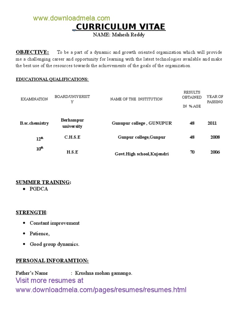 resume format for freshers bsc chemistry