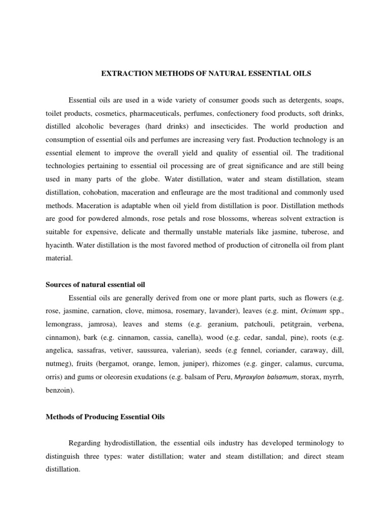 Essential Oil Extraction Methods | PDF | Distillation | Essential Oil