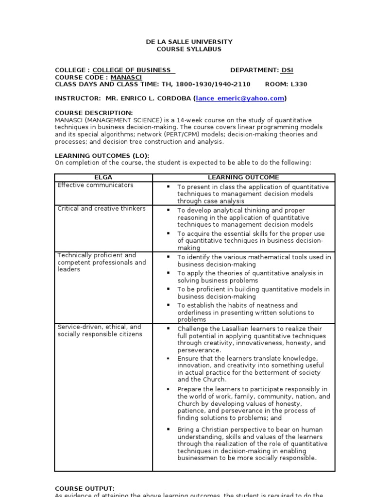 Management Science Course Syllabus | PDF | Linear Programming ...