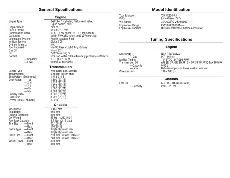 2005 KX250 Specs