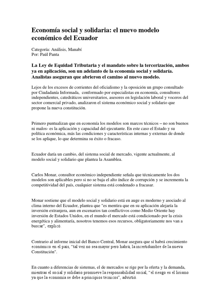 Economía Social y Solidaria en Ecuador | PDF | Ecuador | Outsourcing