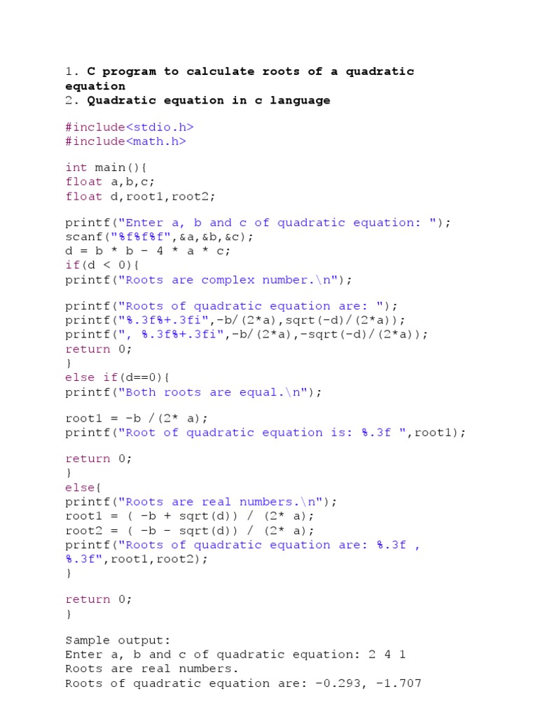 Quadratic Equation Roots in C | PDF