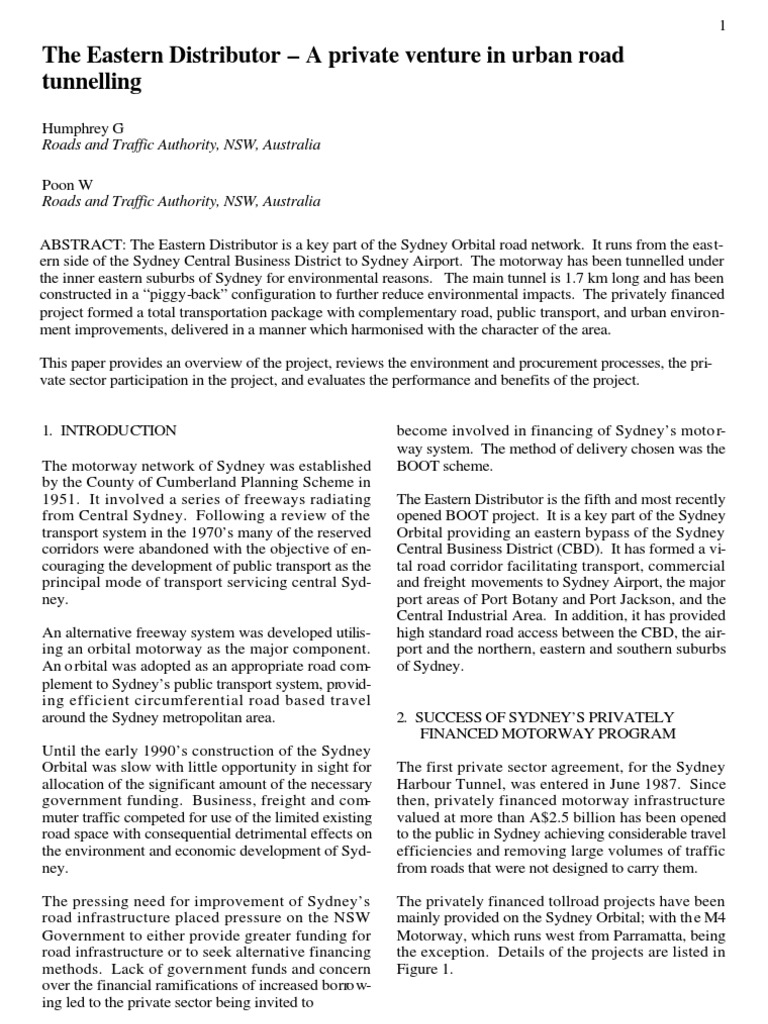 The Eastern Distributor A Private Venture in Urban Road Tunnelling