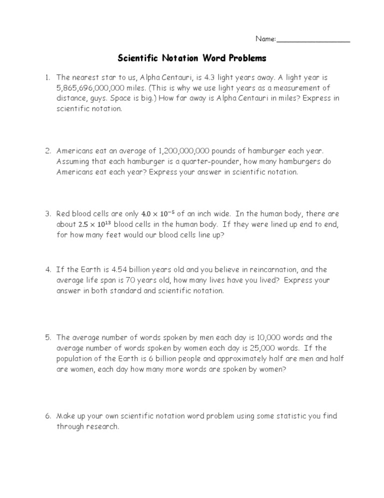 Comparing Numbers In Scientific Notation Word Problems Worksheet