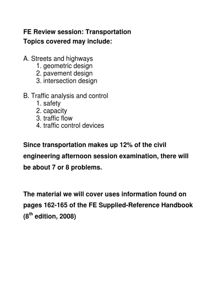 exam section fe math Traffic Infrastructure  Road FE  Review   for Transportation