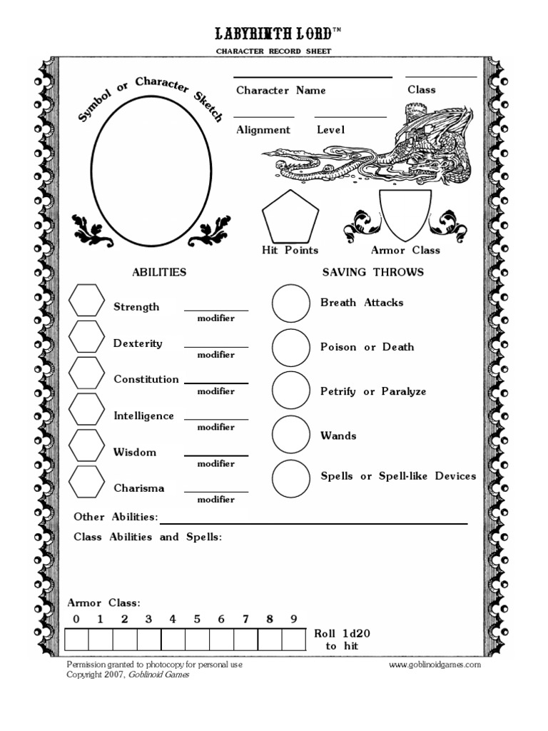 Labyrinth Lord Character Record Sheet