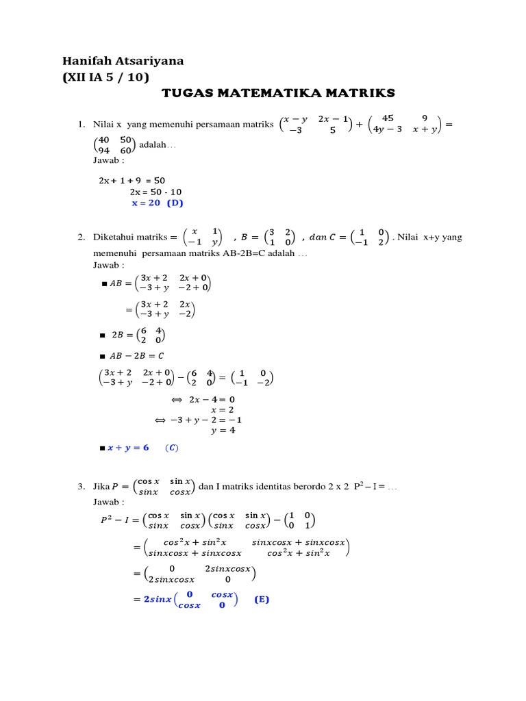 Soal Pilihan Ganda Matematika Materi Matriks Smk