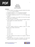 Class XI Mathematics Chapter Notes Linear Inequalities Definitions