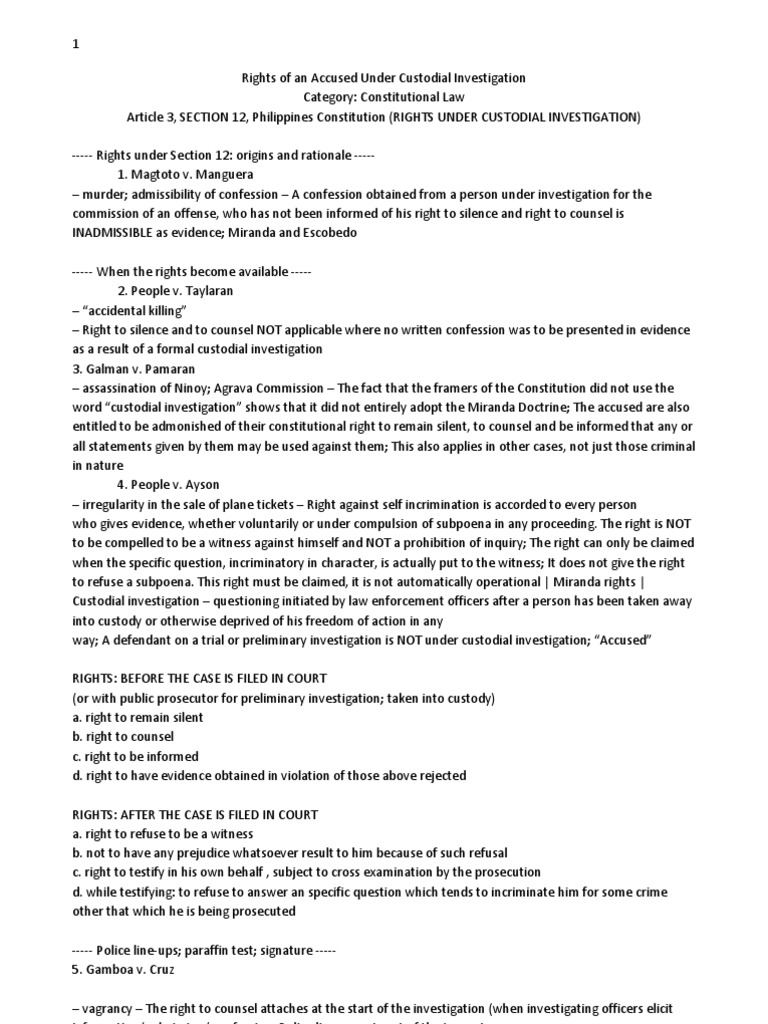 Rights of the Accused in Custodial Investigation | PDF | Miranda ...