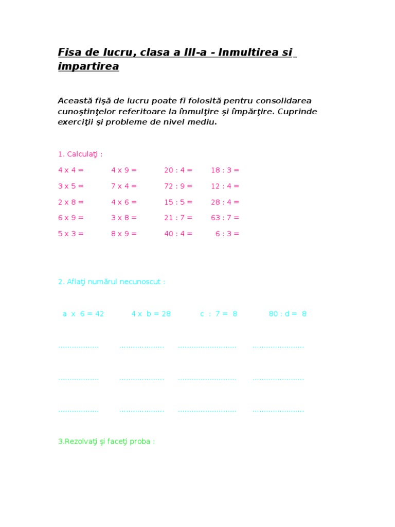 Fise De Lucru Clasa 3 Matematica Inmultirea Fisa de Lucru Clasa a Iiia Inmultirea Si Impartirea