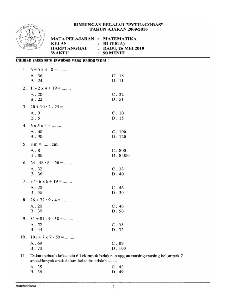 Soal Matematika Sd Kelas 3 Semester 2 Pdf