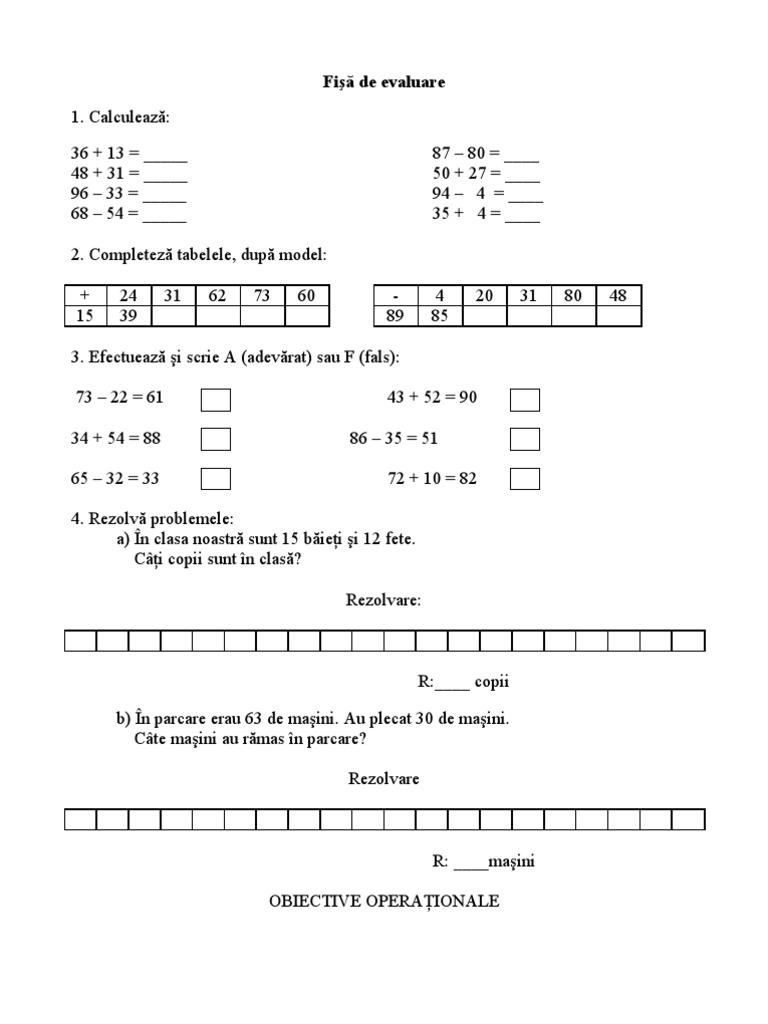 Fisa de lucru matematica clasa I