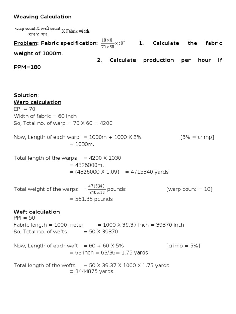 Weaving Calculation | PDF